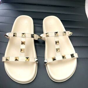 Billini slides, comfy rubbery faux leather, cream with silver studs